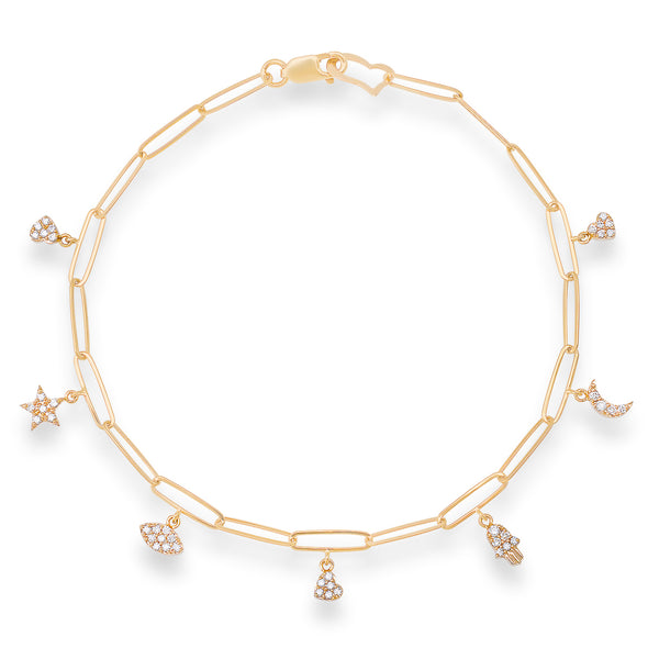 14k Yellow Gold and Diamond Paperclip Charm Bracelet