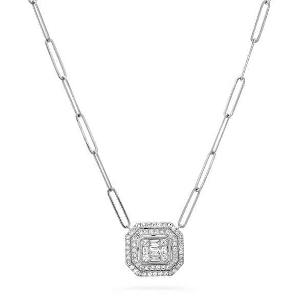 diamond halo emerald cut necklace with paperclip chain