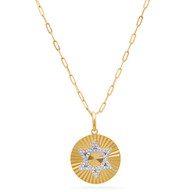 fluted yellow gold diammond star of david medallion on paperclip chain 