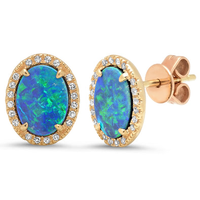 14k yellow gold diamond stud earrings opal
