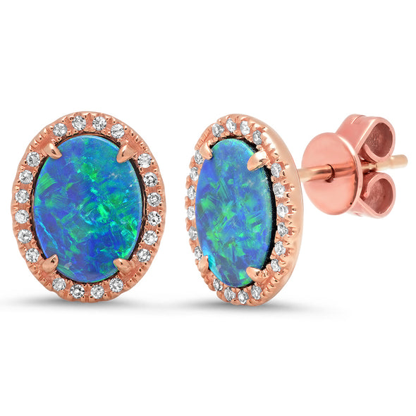 opal stud piercing earring diamond 14k rose gold dainty green and blue