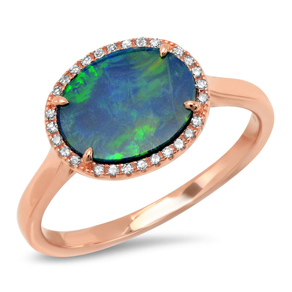 14k solid rose gold oval opal blue and green ring genuine diamond 