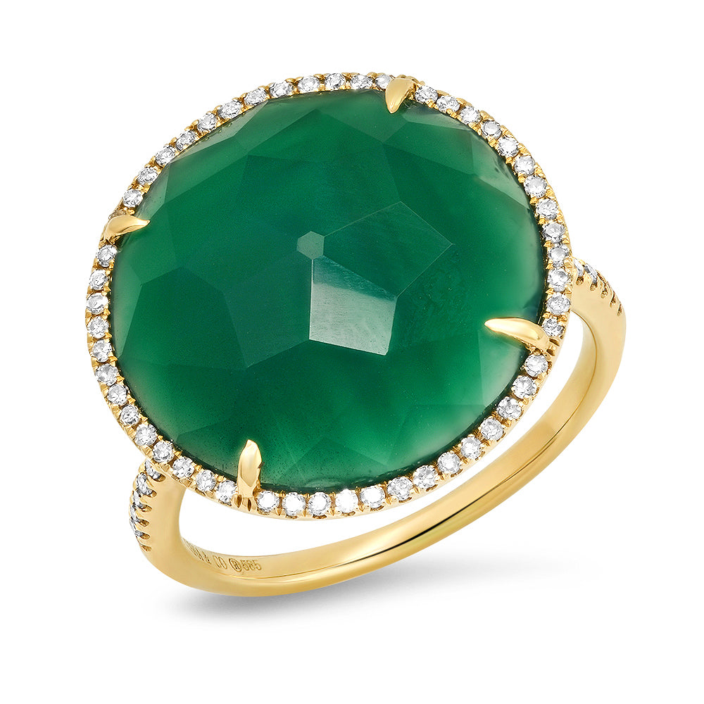 Round Green Agate with White Diamonds Gold Ring - Tales In Gold