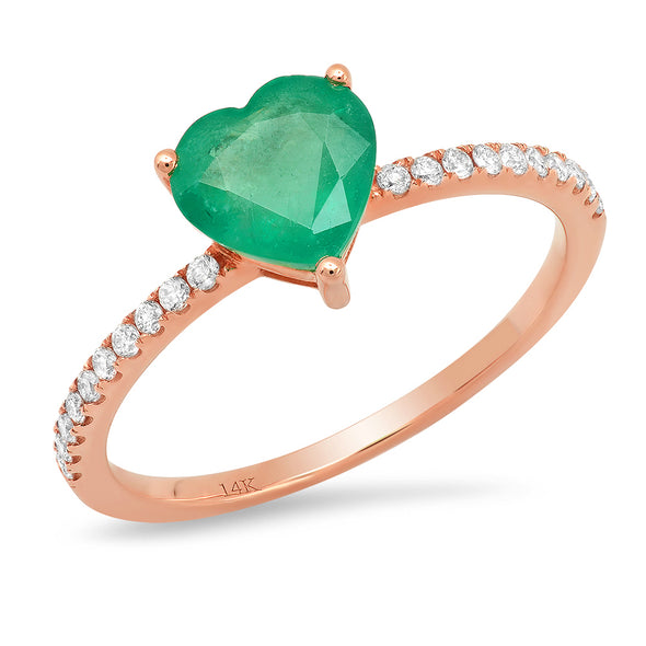 14k rose gold diamond band heart shape emerald solitaire ring