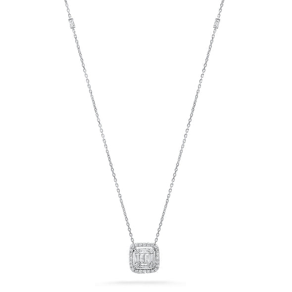 diamond and baguette halo square necklace 