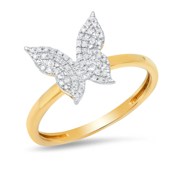 14k solid yellow gold diamond butterfly ring 