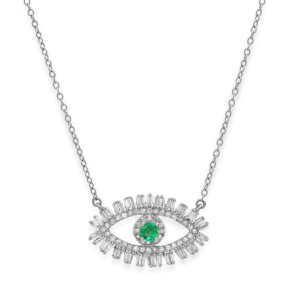 Diamond and Baguette Emerald Evil Eye Protection Necklace