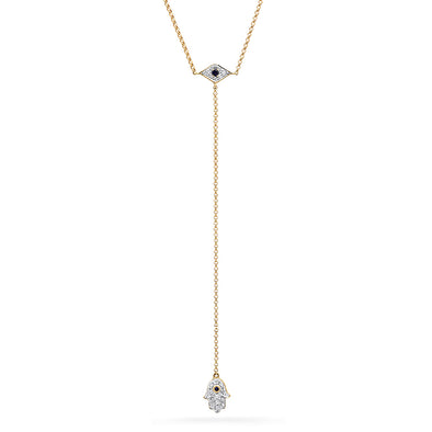 yellow gold diamond hamsa and evil eye blue sapphire necklace lariat