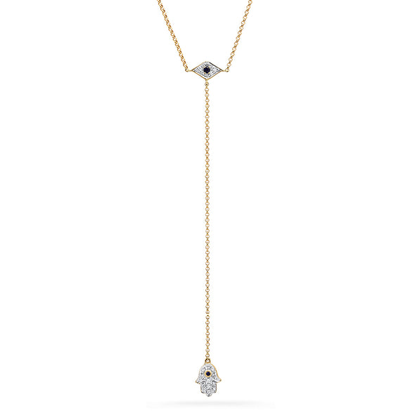 yellow gold diamond hamsa and evil eye blue sapphire necklace lariat