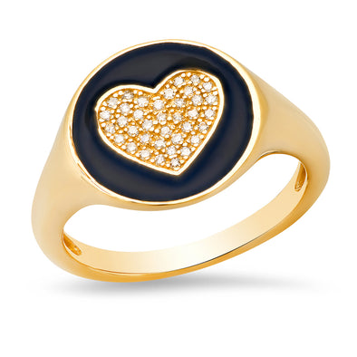 black enamel signet pinky diamond heart ring