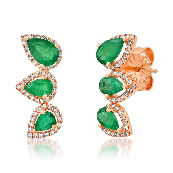 Diamond and Green Emerald 3 Leaf Earring Climber