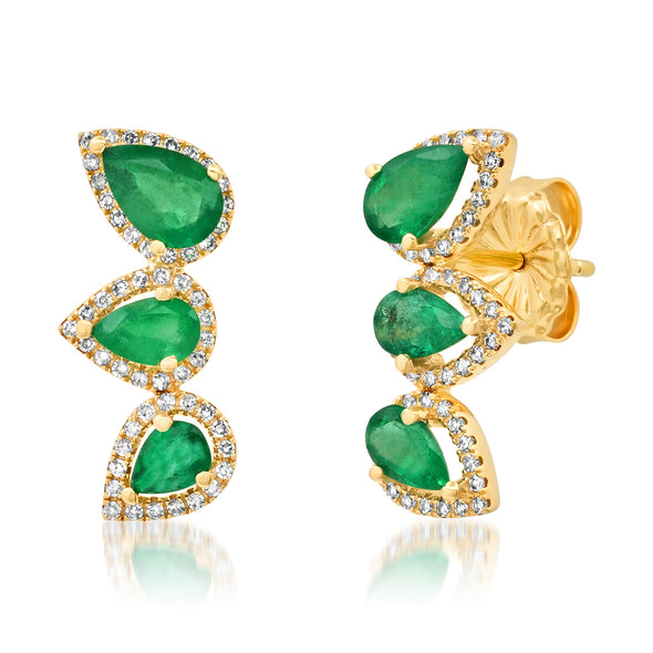 Diamond and Green Emerald 3 Leaf Earring Climber