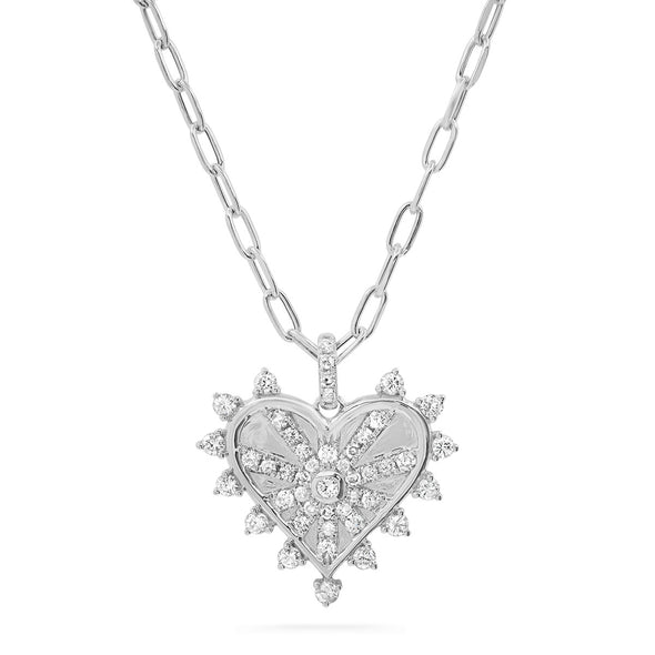 Diamond Heartburst Medallion Paperclip Chain Charm 'Heart on Fire' Necklace