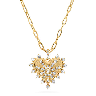 Diamond Heartburst Medallion Paperclip Chain Charm 'Heart on Fire' Necklace