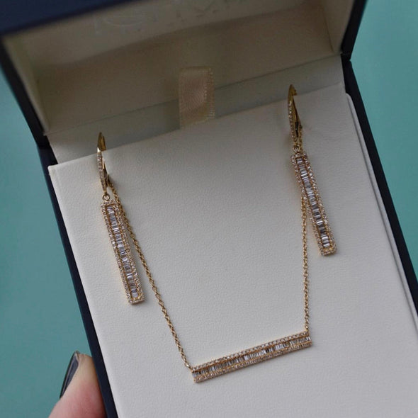 Diamond and Baguette Rectangle Bar Necklace