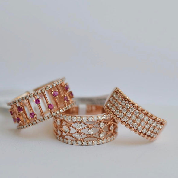 3 Row Diamond Beaded Band Ring