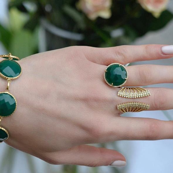 green cocktail ring agate 14k gold diamond 