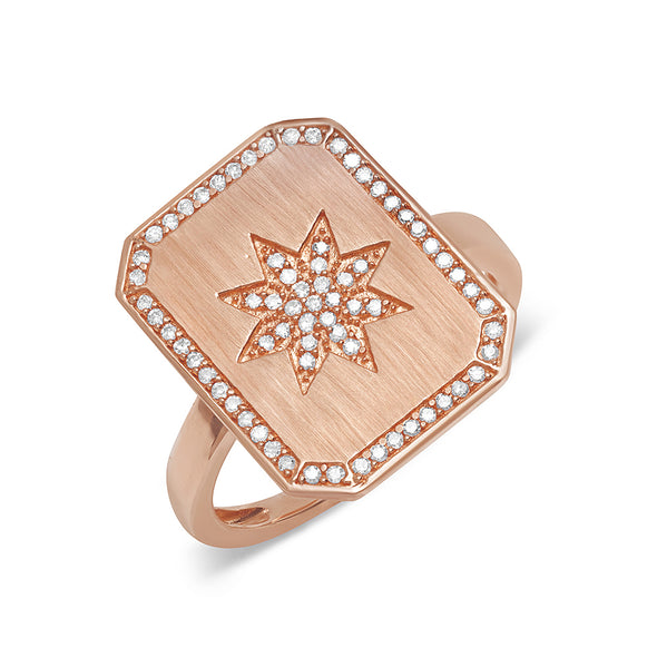 rose gold stacking diamond dainty signet ring with star starburst 